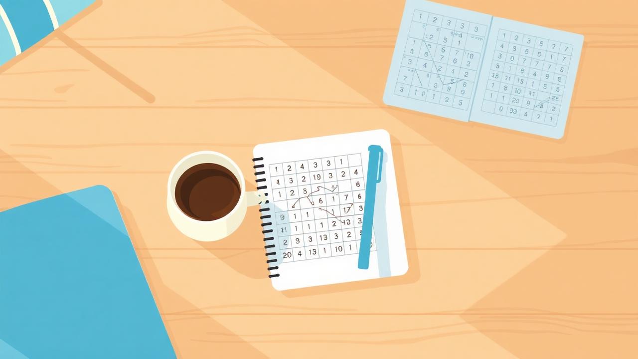 Sudoku-Notizbuch mit Kaffee auf einem Holztisch am Morgen