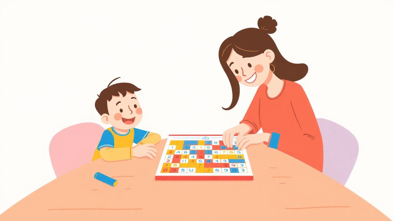 Elternteil und Kind lösen gemeinsam ein buntes Sudoku-Rätsel
